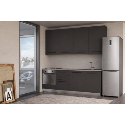 Оборудвана Права кухня LINE, 240 см, лице тъмно сиво, плот и гръб цимент