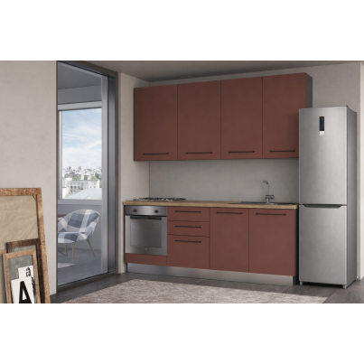 Оборудвана Права кухня LINE, 240 см, лице ръждиво червено, плот дъб кадиз, гръб антрацит