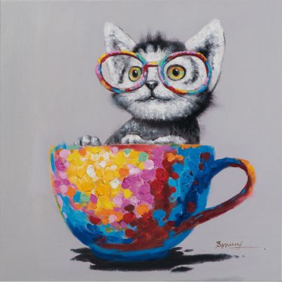 Acrylic painting Cat in coloured cup 60x60cm