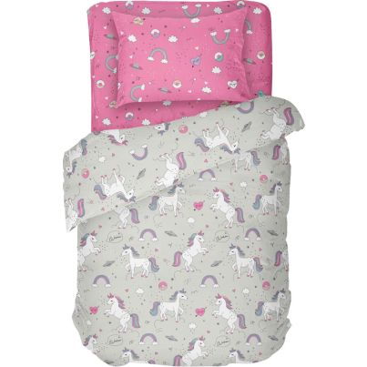 Единичен комплект спално бельо DILIOS Еднорог, 3 части, розов