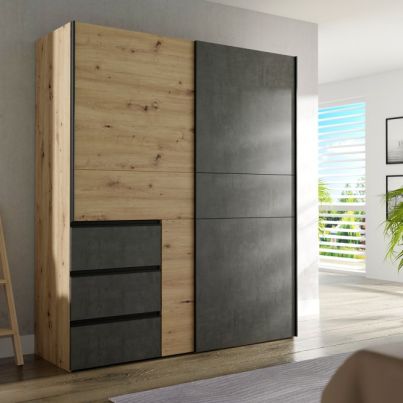 Sliding door wardrobe FORTEEN, with drawers, 170 cm, Artisan Oak and Concrete