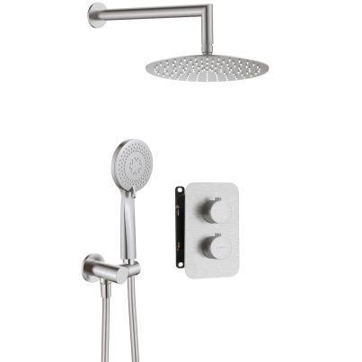 Concealed shower set THERM, with thermostatic box, Brushed steel