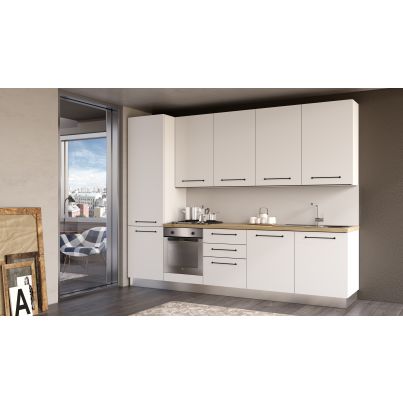 Права кухня LINE, 300 см, лице бяло, плот дъб кадиз, гръб бял