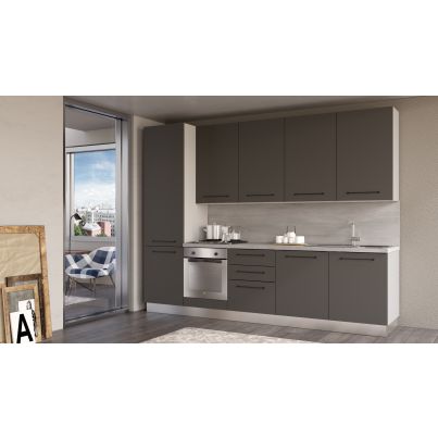 Оборудвана Права кухня LINE, 300 см, лице тъмно сиво, плот и гръб цимент