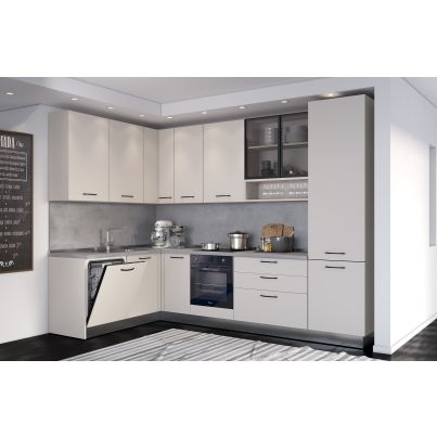 Corner kitchen VANIA, 187x320 cm, cashmere fronts, worktop and wall panel - cement