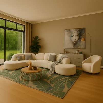 Living room project with a minimalist interior with soft, rounded furniture lines and accent lighting