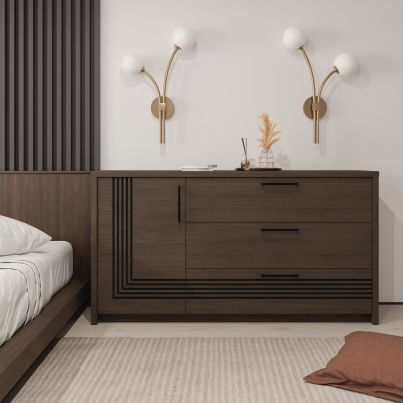 Комод SEVEN с чекмеджета и врата 160 см, мазурски дъб, LED Осветление