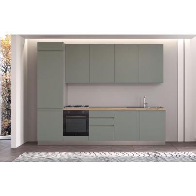 Права кухня IRENE, лява, 300 см, лице зелено, плот дъб кадиз и светло сив гръб
