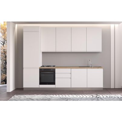 Права кухня IRENE, лява, 300 см, лице бяло, плот дъб кадиз и бял гръб