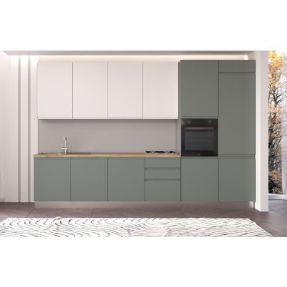 Права кухня IRENE, дясна, 360 см, лице бяло и зелено, плот дъб кадиз и светло сив гръб