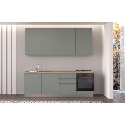 Права кухня IRENE, лява, 240 см, лице зелено, плот дъб кадиз и светло сив гръб
