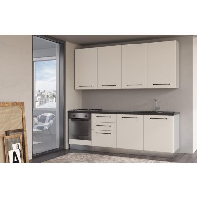 Права кухня LINE, 240 см, лице сиво ангора, плот антрацит и гръб светло сиво