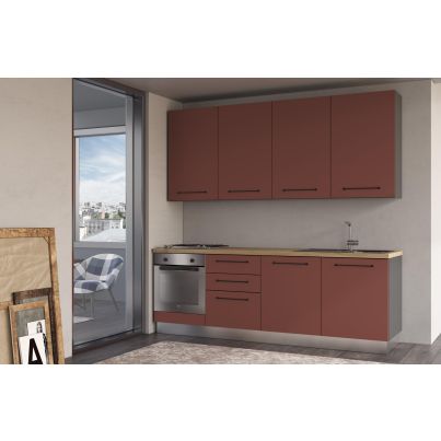 Права кухня LINE, 240 см, лице ръждиво червено, плот дъб кадиз, гръб антрацит