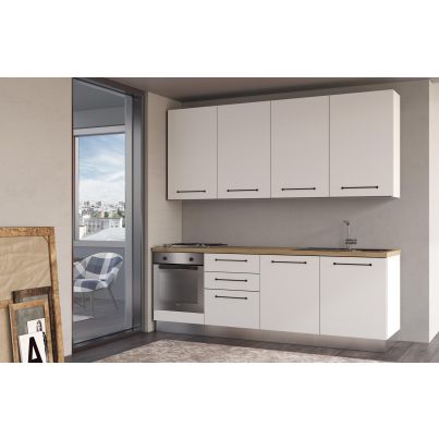 Права кухня LINE, 240 см, лице бяло, плот дъб кадиз, гръб бял