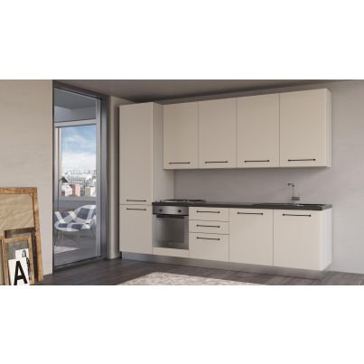 Права кухня LINE, 300 см, лице сиво ангора, плот антрацит, гръб светло сиво