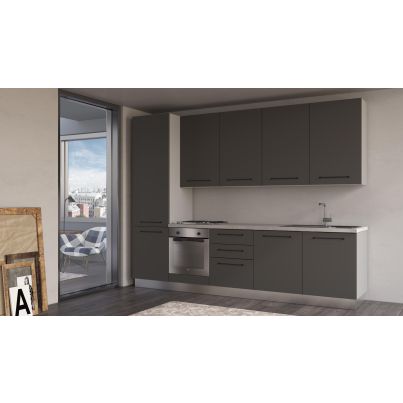 Права кухня LINE, 300 см, лице тъмно сиво, плот и гръб цимент