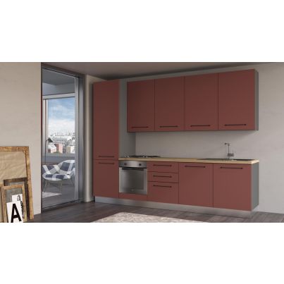Права кухня LINE, 300 см, лице ръждиво червено, плот дъб кадиз, гръб антрацит