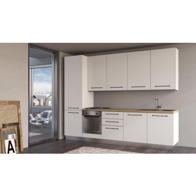 Права кухня LINE, 300 см, лице бяло, плот дъб кадиз, гръб бял