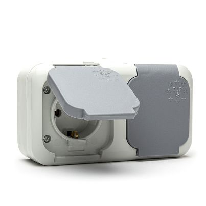 Контакт Двоен ЕВРО НК, ШУКО 2x2P+T, Сив, 16A, 250V, ПКОМ, IP44