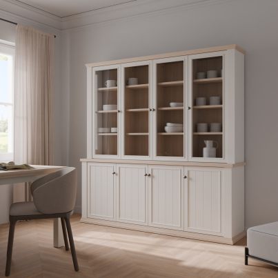 Висок бюфет THIRTEEN 200 см със стъклени врати, бяло/дъб Рива