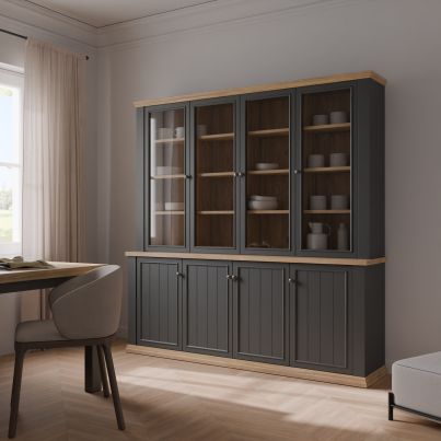Висок бюфет THIRTEEN 200 см със стъклени врати, дъб Маувела/сиво