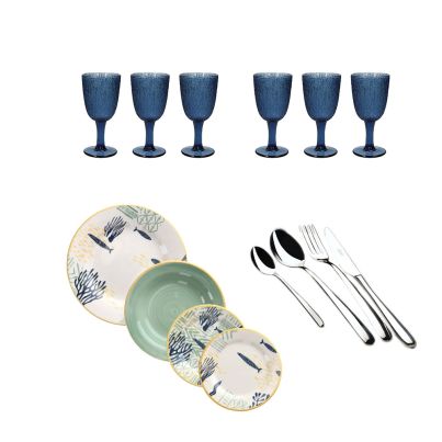 Serving Set with glasses DAVOR, table set VELA ANTIGUA and cutlery box set SALVINELLI 24 pieces