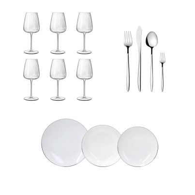 Serving set with wine glasses SPEAKEASIES, Table set METROPOLIS FASCETTA PLATINO and Herdmar Cutlery set GRACE