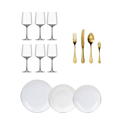 Serving set with wine glasses VISTA, Table set METROPOLIS FASCETTA ORO and Herdmar Cutlery set ROCCO
