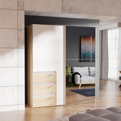 Wardrobe with sliding doors FORTEEN, with mirror and drawers, 170 cm, Artisan oak and white